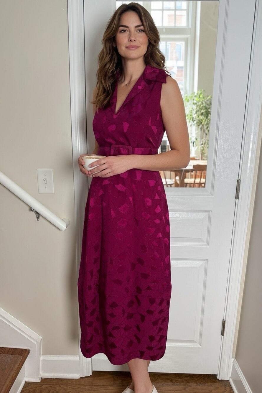 CO Spring Summer 2018 Sleeveless Belted Jacquard Midi Dress Magenta Size XS